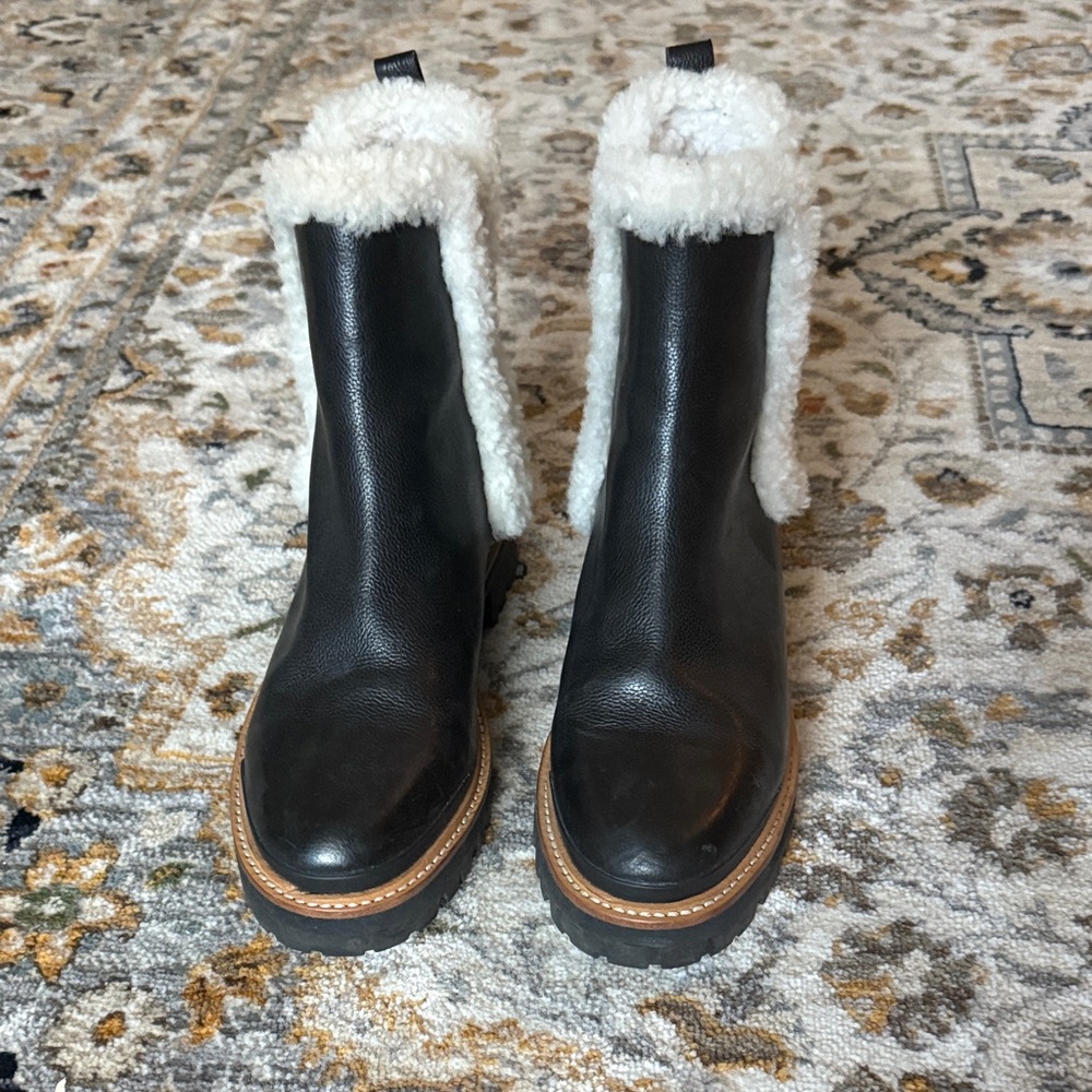 Marc Fisher Black Leather Boots with White Shearling